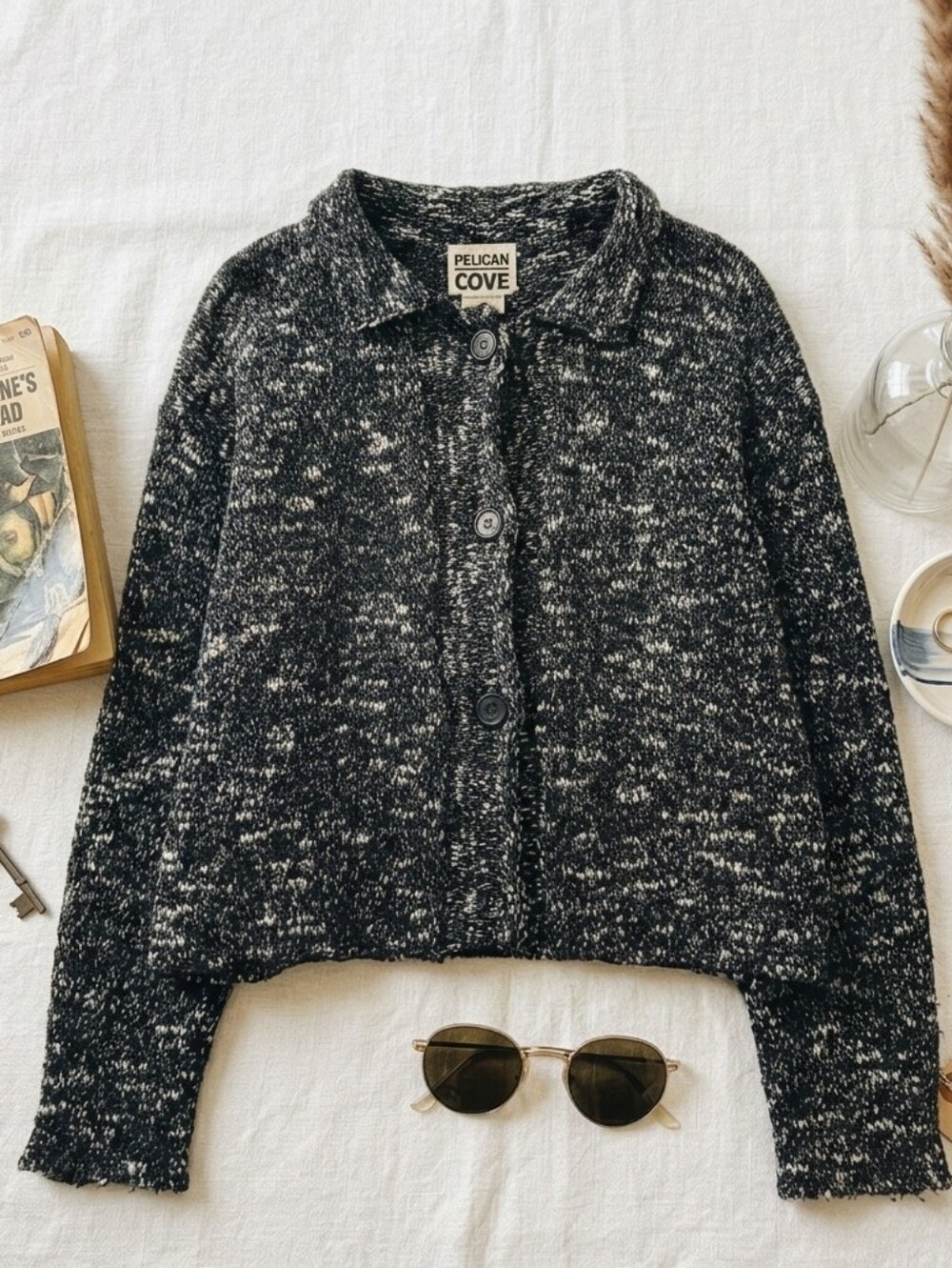 Pelican Cove Vintage Navy Blue Marled Knit Cardigan Sweater Size M/L 90s Grunge